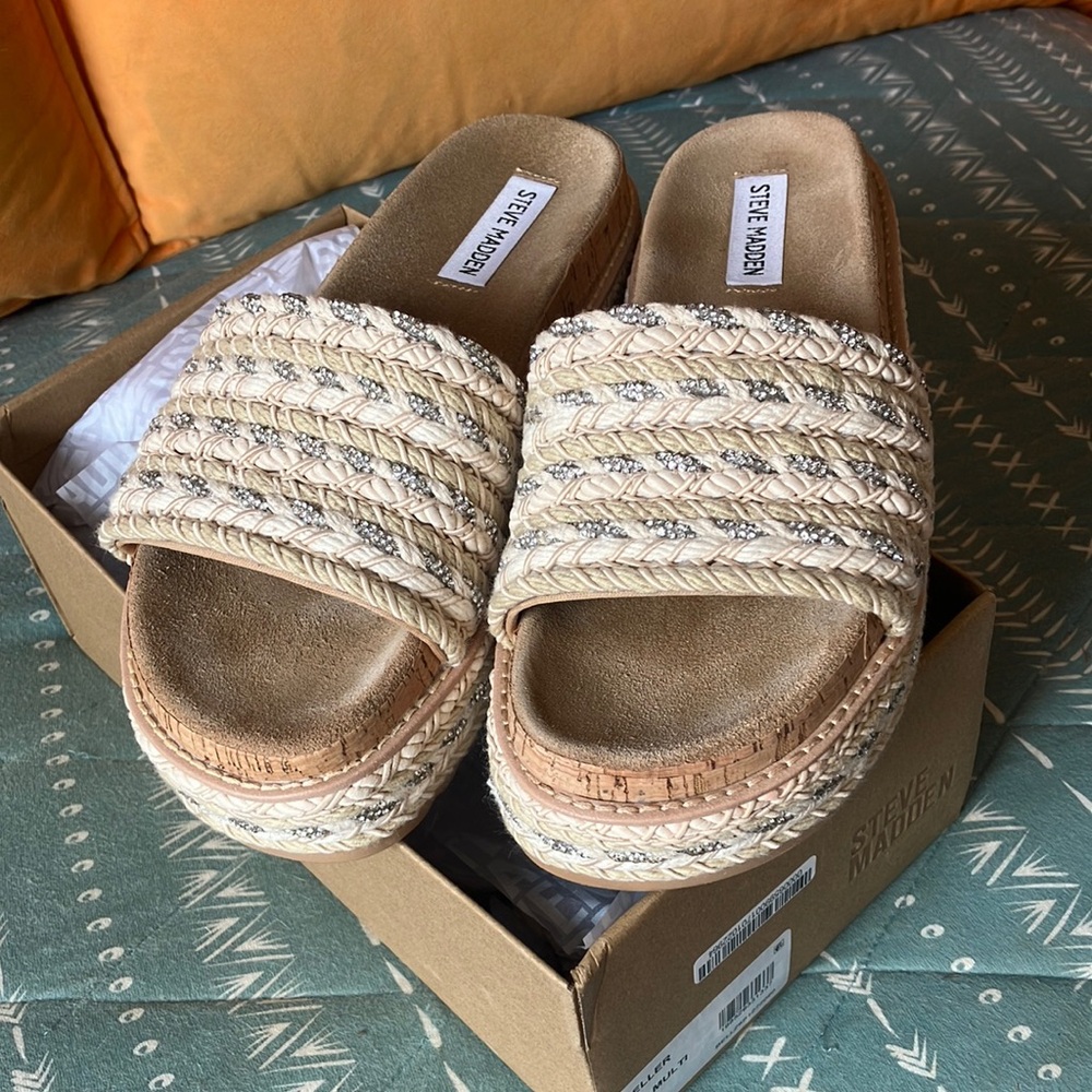 Steve Madden Tan Slide Sandals with Woven Design